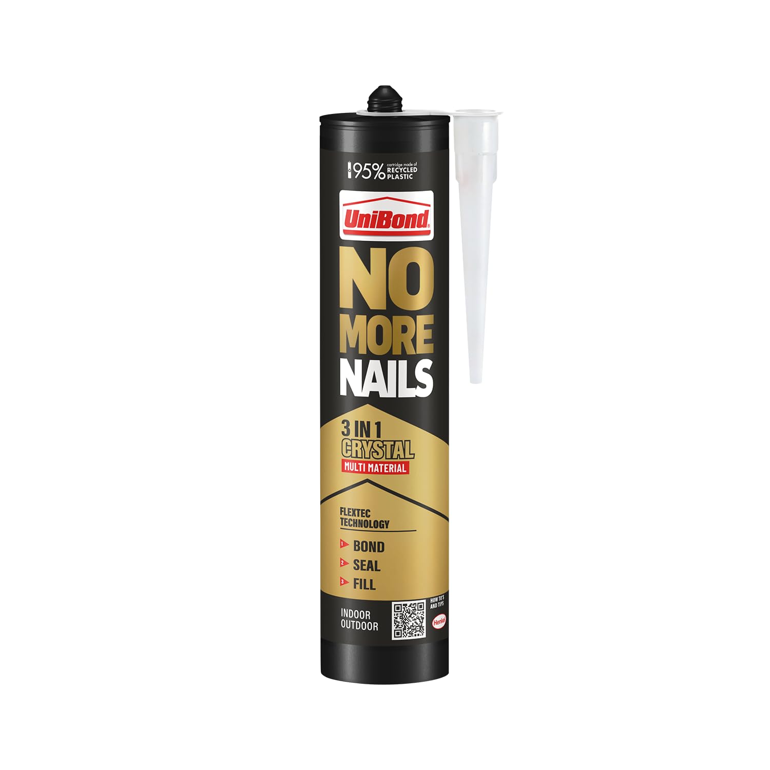 UniBond No More Nails 3-in-1 Transparent High-Strength Adhesive, Bonds Seals & Fills, Waterproof Grab & Gap Filler for Wood, Tile, Metal & Concrete, Indoor & Outdoor Use, 1 x 280 ml Cartridge