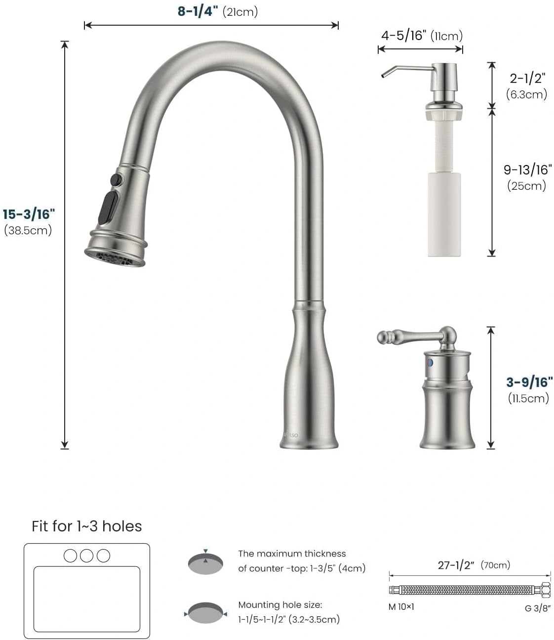 APPASO 3 Hole Kitchen Faucet with Pull Down Sprayer Brushed Nickel, 3 Pieces Kitchen Faucet with Soap Dispenser and Separate Side Handle, Stainless Steel, High Arc Sink Faucets for 2-3 Hole Sink