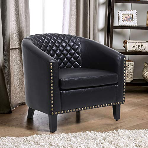 SSLine Armchair Barrel Club Chair,Modern PU Leather Accent Chair Arm Club Chair w/Nailheads and Solid Wood Legs,Tub Barrel Style Lounge Chair for Living Room Bedroom Reception Room (Black-3)