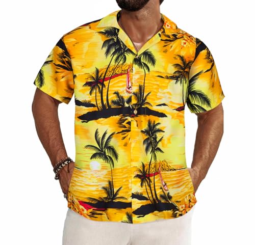 Tropical Hawaiian Shirt for Men with Pocket-Aloha Short Sleeve Loose Fit Caribbean Shirts - Floral Button Down Shirt
