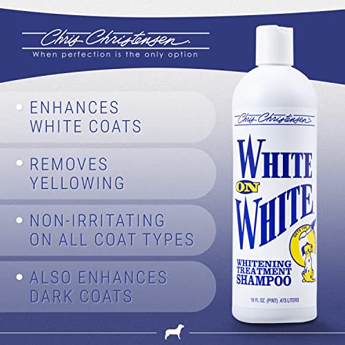 Chris Christensen White on White Whitening Treatment Dog Shampoo, Groom Like a Professional, Brightens White, Safely Removes Yellow & Other Stains, All Coat Types, Made in USA, 16 oz. Chris Christensen White on White Whitening Treatment Dog Shampoo, Groom Like a Professional, Brightens White, Safely Removes Yellow & Other Stains, All Coat Types, Made in USA, 16 oz.