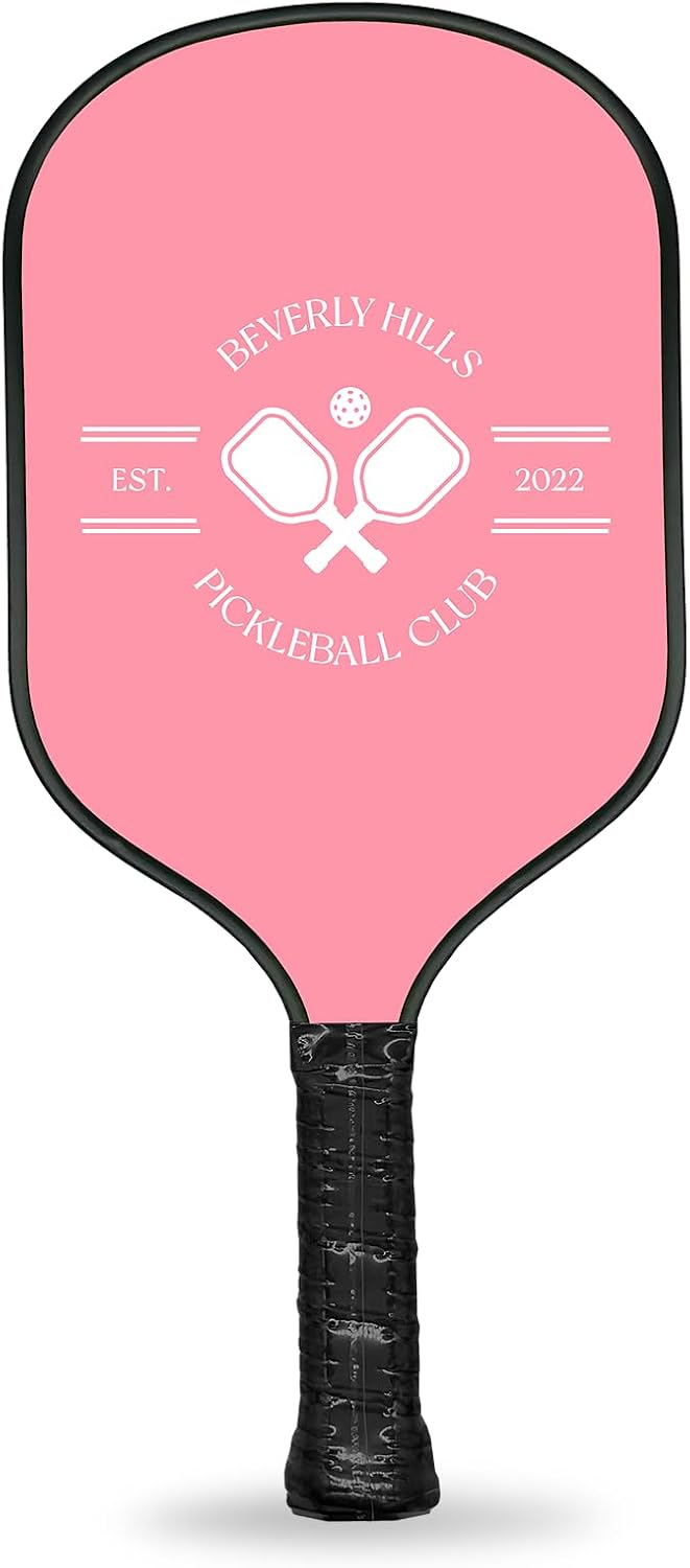 Jill & Ally Beverly Hills Pink Pickleball Paddle, Carbon Fiber Materials, 16.5” x 7.5", Extra Long Handle, Vegan Leather PU Grip, Unique Edge Guard All Skill Levels