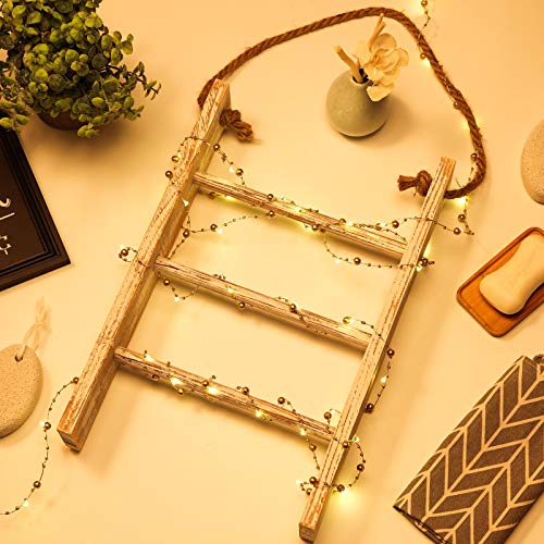 Patelai 3-Tier Mini Wall-Hanging Hand Towel Ladder with Rope Decorative Wooden Bathroom Towel Rack Ladder and Hook for Farmhouse Room Decor (Wood Color, White)