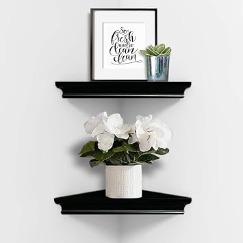 AHDECOR Black Floating Corner Shelves, Elegant Wall-Mounted Corner Shelf for Decorative Display and Storage in Any Room, Set of 2