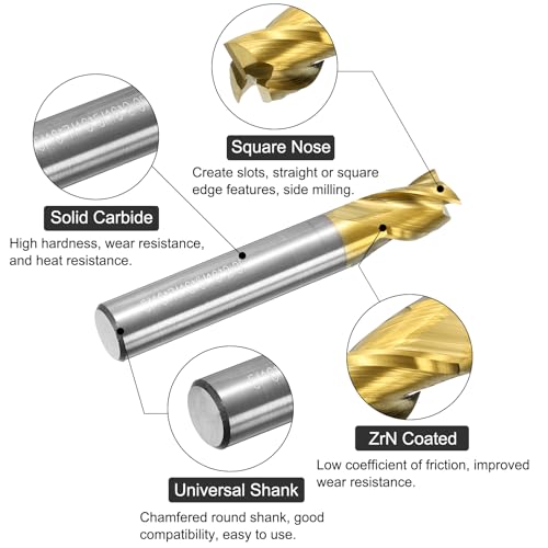 Image of uxcell Carbide Square End Mill, 5 /16 inch Dia ZrN Coated 3 Flutes Milling Bit Cutter, for Aluminum Copper Non-Ferrous Alloy Metal, 5 /16 inch Shank 7 /16 inch Cut Length 2 inch Long