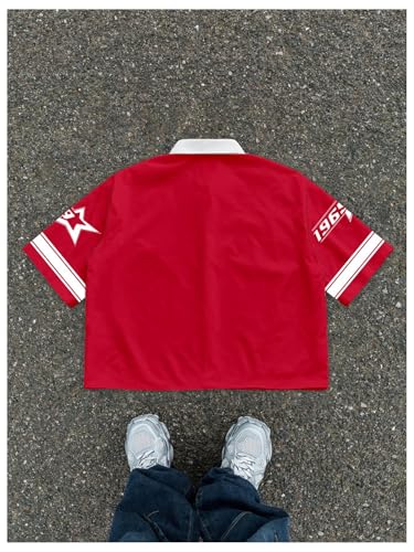 GORGLITTER Men's Letter Graphic Button Down Cropped Shirt Oversized Collared Rave Jersey Crop Tops2