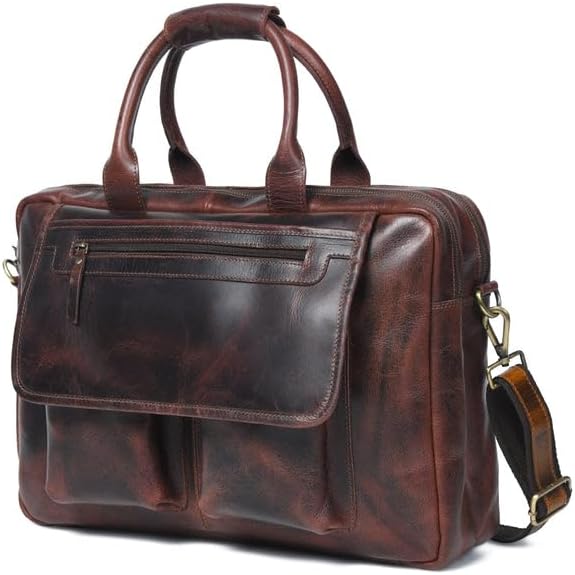 MaheTri Buffalo Leather Pilot Bag | Premium Leather Laptop Briefcase for Work & Travel | Trolley Strap, Padded Laptop Compartment, Front Pockets & Top Handle | Office & Cabin Carry-On Bag