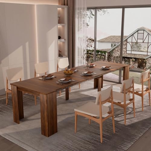 Image of Extendable Dining Table, Transformer Console to Dining Table for 12 People, Folding Space Saving Dining Room Table for Small Spaces, Walnut