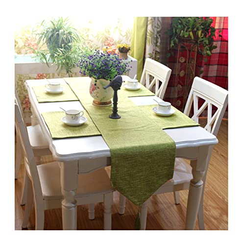 Chemin de table automne chic en coton lin vert à pompons pour réception