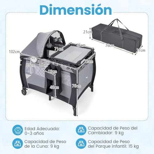 COSTWAY Cuna de Viaje para Bebé 4 en 1, Parque Plegable Portátil con Cambiador, Dosel y Red, Caja de Música, Colchón y Bolsa de Transporte para Bebés (Gris Claro) - imagen 7