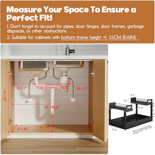 Image of 1 Pack-16 inch-26 inchW Expandable Under Sink Organizer With Upgrade Ball-Bearing Slide,2-Tier Pull Out Under Cabinet Organizer Height Adjustable,Not Suitable For Cabinets With Partitions In The Middle
