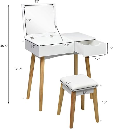 Miniatura 7 de CHARMAID Mesa de tocador con espejo abatible y taburete, mesa de maquillaje de madera escritorio con cajón, compartimento de almacenamiento, juego