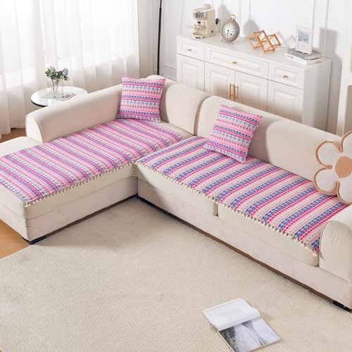 Image of HOKIPO L Shape (2+2 Seater) Sofa Cover Seat Mat | 300 GSM Cotton Acrylic Jacquard Fabric with Tassel, 'Trivana Series' Periwinkle Blue (IN-934+935-J5)