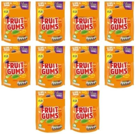 Fruit Gums Sweets Full Box Multipack - 10 x 120g Sharing Bags – Original Assorted Fruit Flavour Chewy Candy – Vegan Friendly Bulk Sweet Pouches