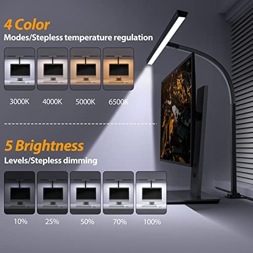 Quntis LED Desk Lamp, 31.5" Wide Dimmable Eye-Caring Light 24W Touch Control Desk Light with Clamp, 5 Brightness & 4 Color, Gooseneck Table Lamps Suitable as Monitor/Architect/Task/Office/Reading lamp