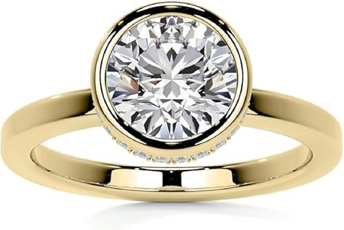 Round Cut Moissanite Bezel Solitaire Ring with Hidden Halo, 1-5 CT, Available in VVS1 10K 14K 18K Gold & 925 Sterling Silver Anniversary Christmas Gift For Women (Check All Ring Size Option in Customize Now Button, Main Stone : 2.5 Carat)