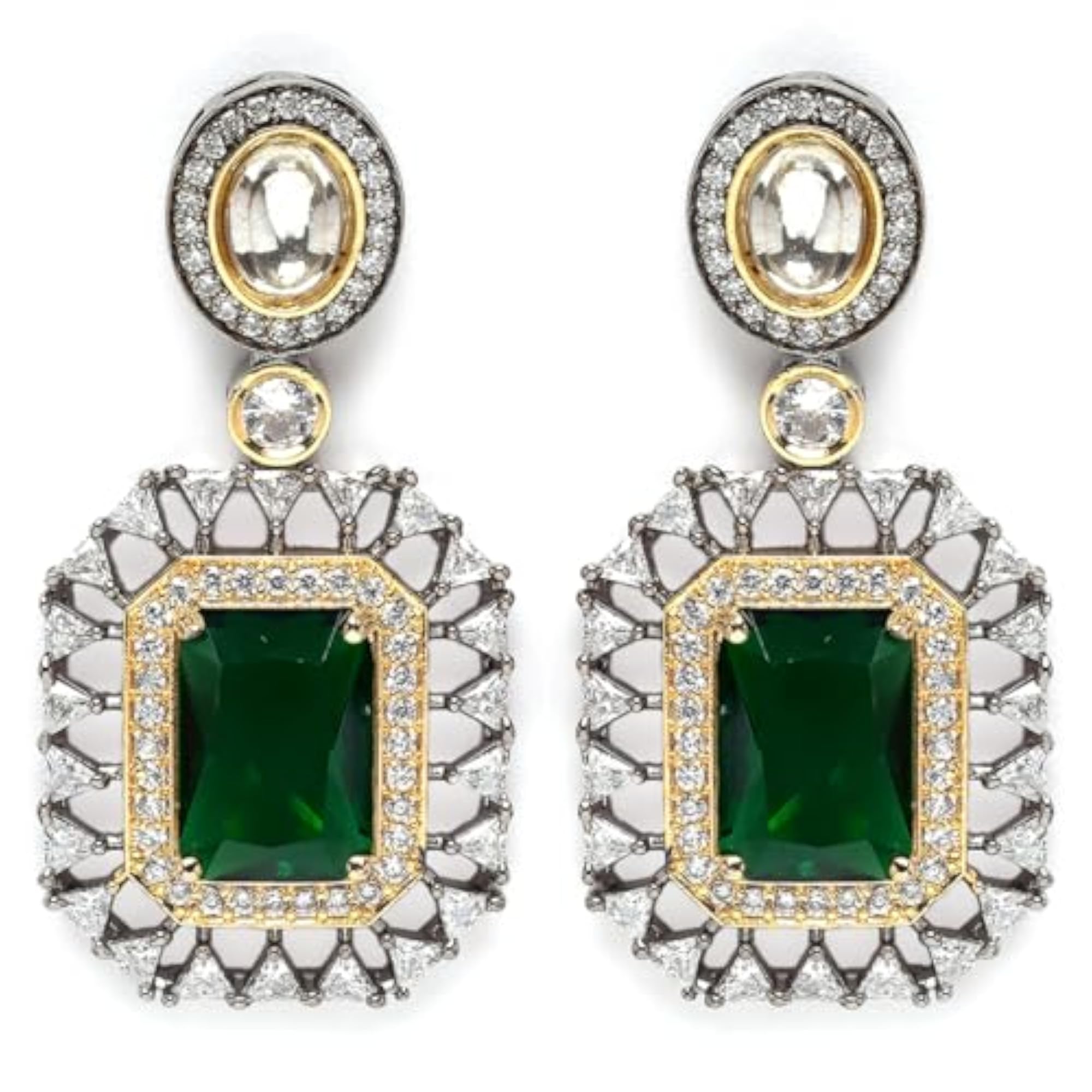 Black Silver Plated Lime Green American Diamond Studded Drop Earrings