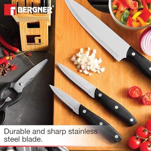 Image of Bergner Dusseldorf 7 Pcs Stainless Steel Knife Set - Chef Knife, Slicing Knife, Tomato Knife, Utility Knife, Paring Knife, Scissors and Wooden Block, Durable, for Kitchen and Restaurants - Black