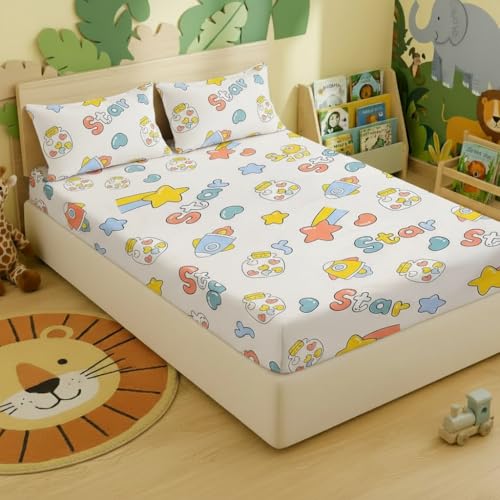 Image of Filymore Space Bedsheet Made with Microfiber Wrinkle Free Soft Hypoallergenic with Tc 240 | Cartoon Printed Double Bed Queen /King Size for Kids (90x90 Inches /Boys Girls Room)(Cream)