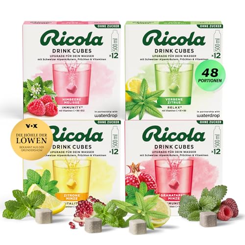 waterdrop® x Ricola – 48 Waterdrop Würfel mit Alpenkräutern & Früchten - Himbeere Melisse, Zittrone Minze, Granatapfel Minze & Zitrone Verbene – Wassergeschmack ohne Zucker mit Vitaminen C, B3, B12