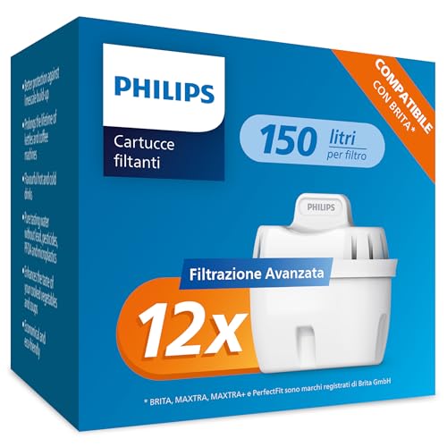 Philips Water Cartucce filtranti sostitutive Filtrazione Avanzata, 12 unità, compatibili con Brita, riducono MICROPLASTICA, CLORO, CALCARE, METALLI PESANTI