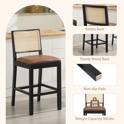 Image of Rattan Counter Height Bar Stools Set of 4, 26'' Modern Counter Stools with Cane Back, Mid Century Bar Chairs for Kitchen Counter /Home Bar /Restaurant, Brown