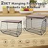 2-Pack Hanging Fruit Basket for Kitchen, Wall Mounted Metal Wire Storage Bins w/Wood Lid, Banana Hook, Stackable Vegetable Organiser for Countertop Pantry Produce Fruits Onion and Potato