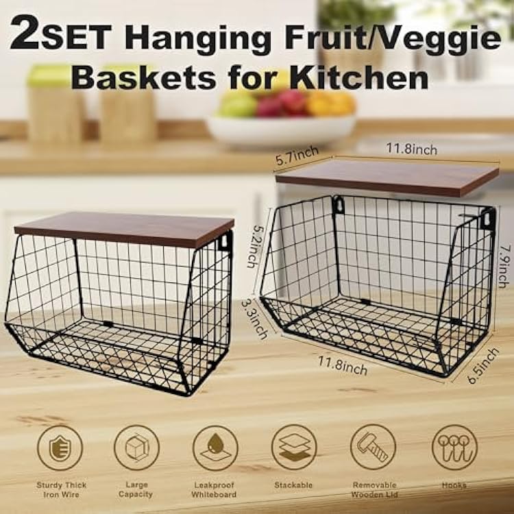 2-Pack Hanging Fruit Basket for Kitchen, Wall Mounted Metal Wire Storage Bins w/Wood Lid, Banana Hook, Stackable Vegetable Organiser for Countertop Pantry Produce Fruits Onion and Potato