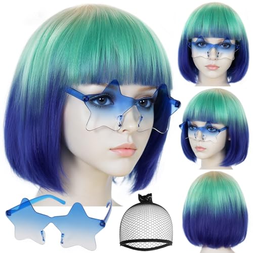 Image of ANOGOL Hair Cap + (Sunglasses) Teal to Blue Bob Wig with Bangs Womens Party Wigs with Star-Shaped Glasses Short Neon Wig Daily Party Fun Wigs Women Halloween Costume Bachelorette Hair