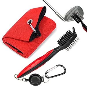 Sugamm Toalla de Golf de 43,5 x 51,5 cm diseño de gofres de Microfibra roja mosquetón Cepillo de Ranura Golf Kit de Herramientas de cerdas Nailon Cepillo de Palo de Golf con Hebilla Metal retráctil