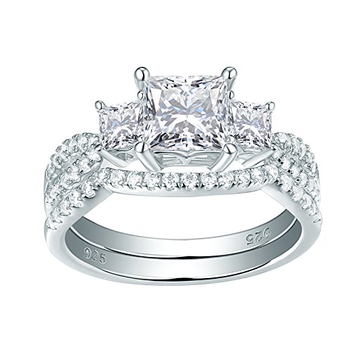 Newshe Jewellery Three Stone Cz Wedding Rings for Women Engagement Set Sterling Silver
