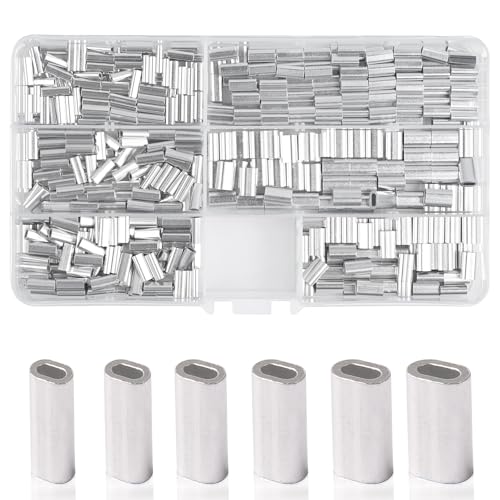 JSHANMEI Aluminum Fishing Crimp Sleeves Kit, 520pcs Single Barrel Crimp Sleeves Oval Fishing Loop Sleeves Tube Connector Kit Fishing Line Crimping Sleeves Wire Leader Rigging Tackle 6 Sizes
