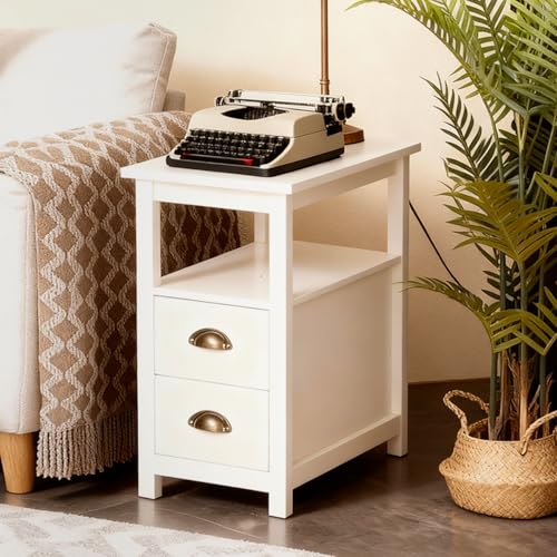 PHI VILLA Side Table Living Room, 2-Drawer Small Narrow Sofa Side Table with Storage, Slim White End Table for Bedside, Couch, Sofa, Beige, 30D x 60W x 61H cm