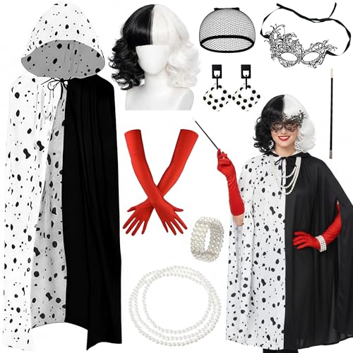 Fictoria Cruella Costume Fancy Dress Women - Dalmatian Print Spotted Cape Set with Wig and Eye Mask Black White Accessories Kit for World Book Day Cosplay Masquerade Party Outfit
