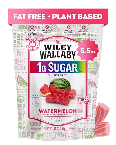 Wiley Wallaby Licorice 5.5 Ounce Watermelon Low Sugar Gluten Free Gourmet Soft & Chewy Australian Licorice Candy Twists, 1 Pack