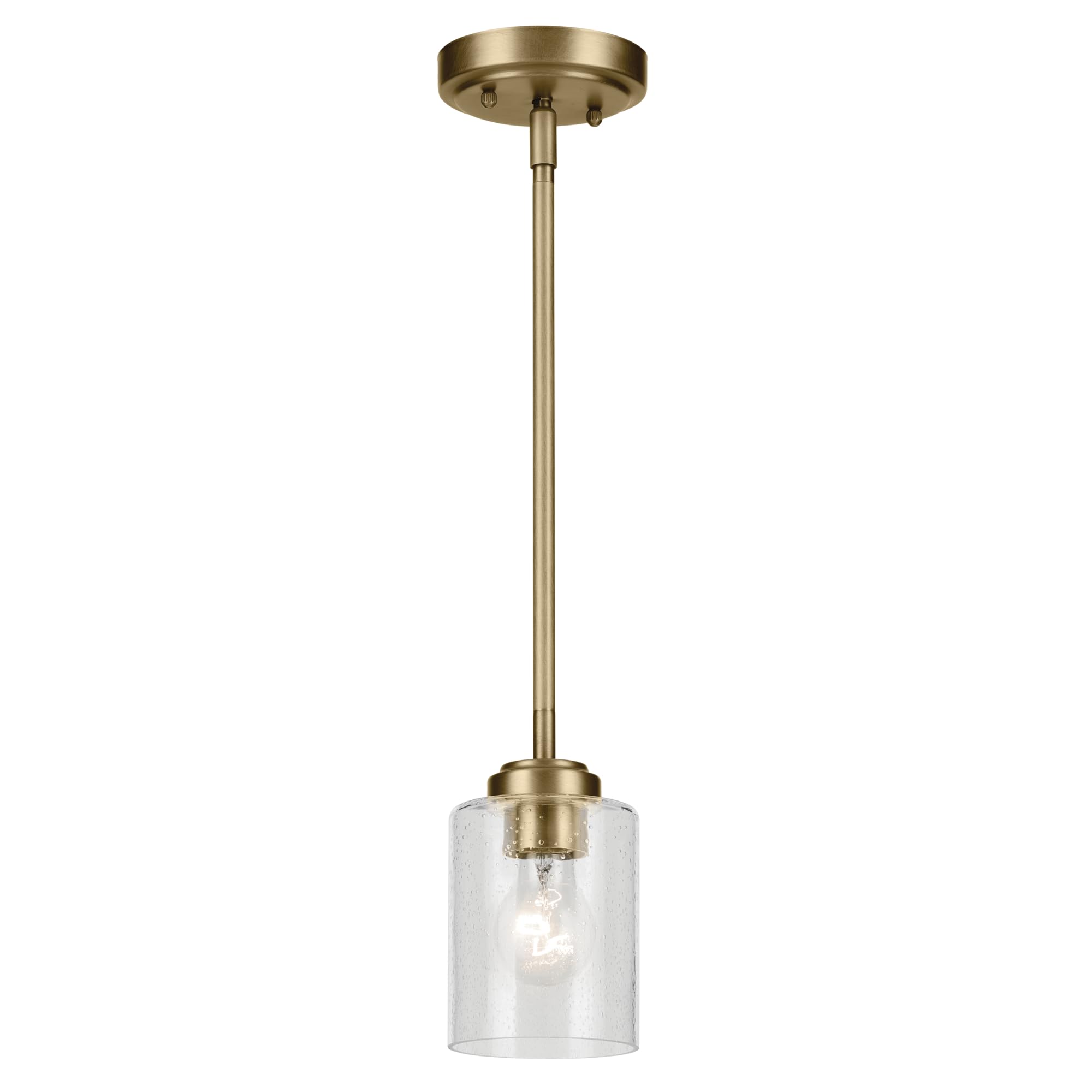 KICHLER Winslow 7.5" 1-Light Mini Pendant Light with Clear Seeded Glass in Natural Brass for Kitchen, Bar, Laundry Sink, Bar Island (7.5" x 4.25"), 44032NBR
