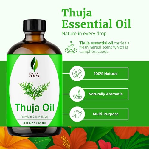 Image of SVA Thuja Essential Oil 4 Fl Oz - for Diffuser, Skin & Hair Care - Ideal for Massage & DIY Blends - with Dropper