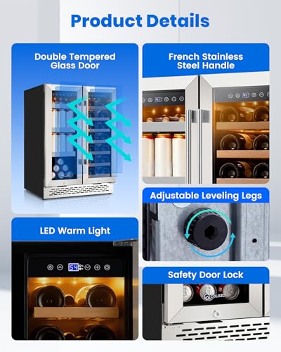 Image of 24 Inch Wine and Beverage Refrigerator Under Counter, Dual Zone 20 Bottles & 88 Cans Beverage Fridge with Stainless Steel Tempered Glass Door, Built-in /Freestanding Mini Fridge for Office /Bar /Kitchen