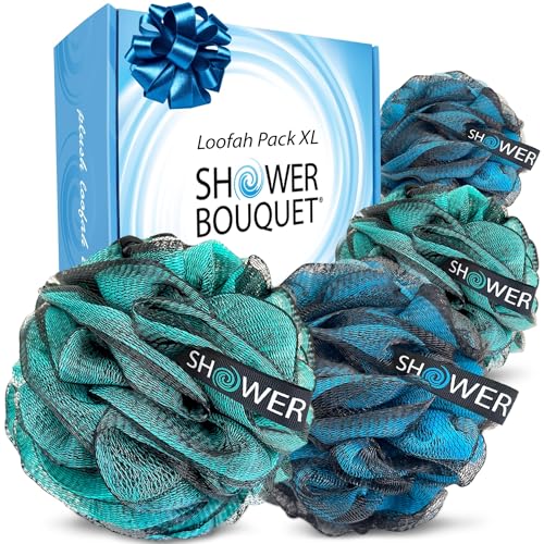 SHOWER BOUQUET Loofah-Charcoal Bath-Sponge XL-4-Pack-Blue-Green // Extra Large 75g Soft Mesh Color & Black Lufa Loofa Loufa Puff Set/Exfoliating Body Scrubber for Women and Men - Exfoliate & Soothe