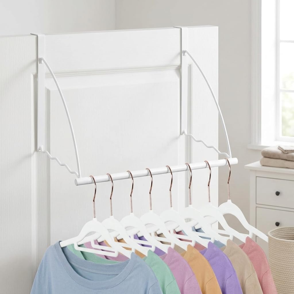 Over the Door Hanger Rack Set Adjustable Length White Metal Rod