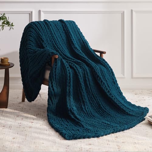 Negwoo Grobstrick-Überwurfdecke, 127,7 x 152,4 cm, Chenille-Garn für Bett, Couch, handgefertigt, Pfauenblau, gehäkelt, groß, dick… – Ansicht 2