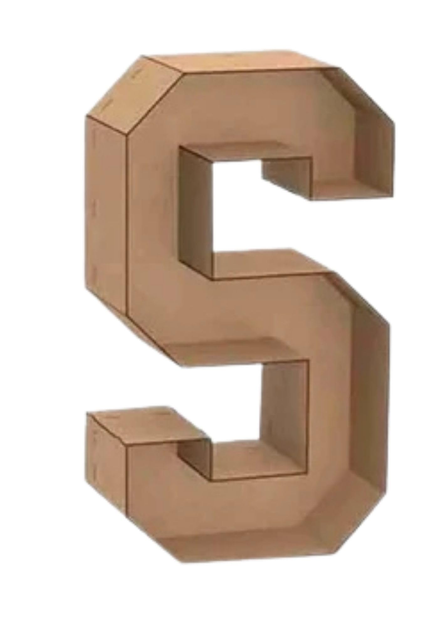 Letra S Decorativa de Madera 3D, 1 Metro de Alto, Color Natural