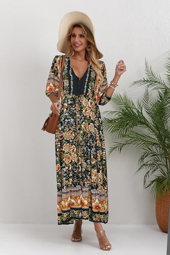 Image of Women Short Sleeve V Neck Floral Print Casual Bohemian Maxi Dresses