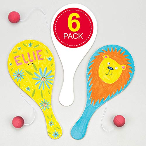 Baker Ross E891 Blanko-Paddleballschläger mit einem am Gummiband befestigten Ball für Kinder zum Gestalten und Spielen - (6 Stück), 22 cm, Weiß