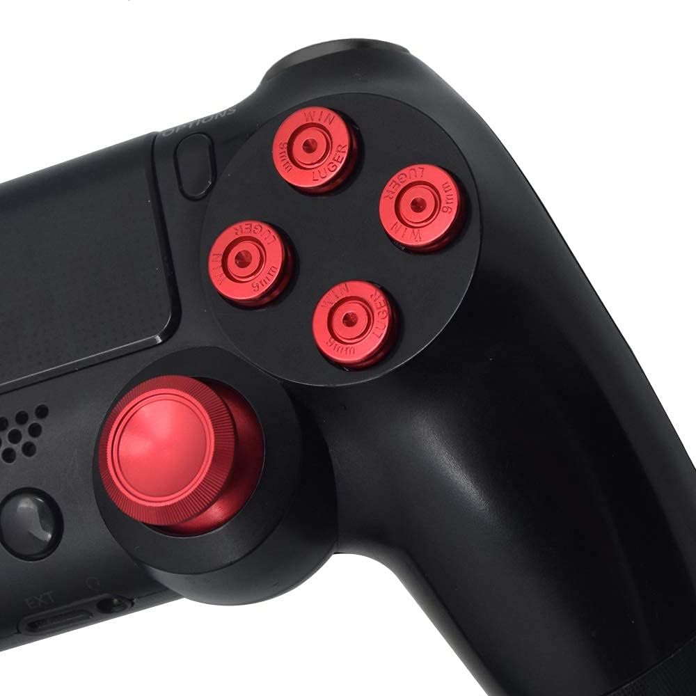 MMOBIEL Botones de Bala de Metal para Playstation 4 PS4, PS4 Slim y PS4 Pro Dualshock, 4 Tapas de Pulgar metálicas de Aluminio, Recambio de D-Pad para Mando de Playstation 4 Rojos