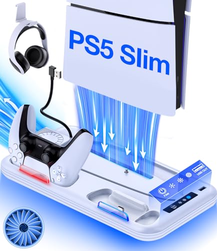 PS5 Slim Stand Cooling Station Compatible with PlayStation 5 Slim Console, PS5 Slim Accessories Vertical Stand Incl. Controller Charger, Strong Cooling Fan,RGB Light,Headset Holder,14 Game Slot