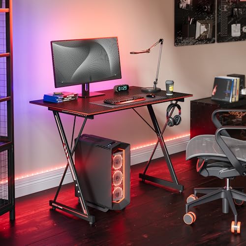 CubiCubi Gaming Tisch 100 x 50 cm, Gaming Schreibtisch, PC Tisch mit Kopfhörerhaken und Kohlefaserbeschichtung, Ergonomischer Computertisch, Metallgestell, Kohlefaser Schwarz