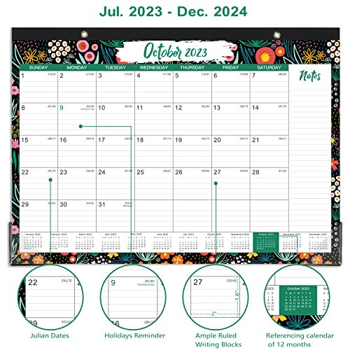 2023-2024 Desk Calendar - 18 Months Large Desk/Wall Calendar, 17" X 12", Jul. 2023 - Dec. 2024, Desk Calendar 2023-2024 With Corner Protectors, Ruled Blocks, Easy Planning - Black Flower #TOP3