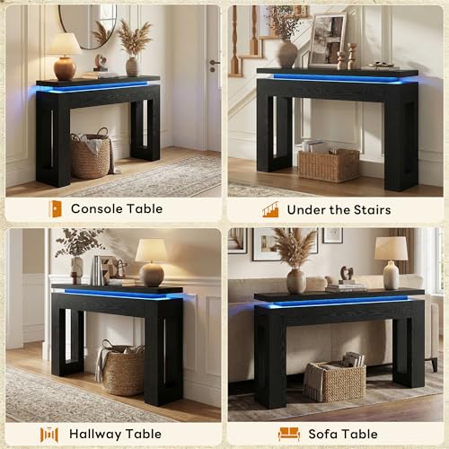 Image of LIKIMIO Console Table with Drawers, Modern Entryway Table with LED Lights and Charging Station, Narrow Sofa Table with Storage Behind Couch for Entrance, Hallway, Living Room, Black
