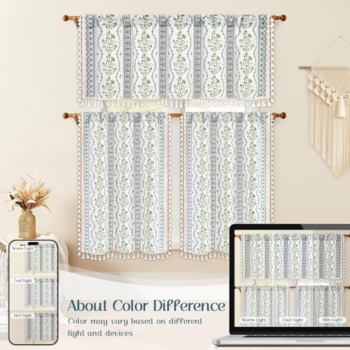 Image of Yinhua Boho Valance Curtains Vintage Linen Kitchen Valances for Windows Light Filtering Bohemian Floral Valance Rod Pocket Tassel Window Valances for Bathroom Cafe, 52 inch W X 18 inch L, Blue Green Floral